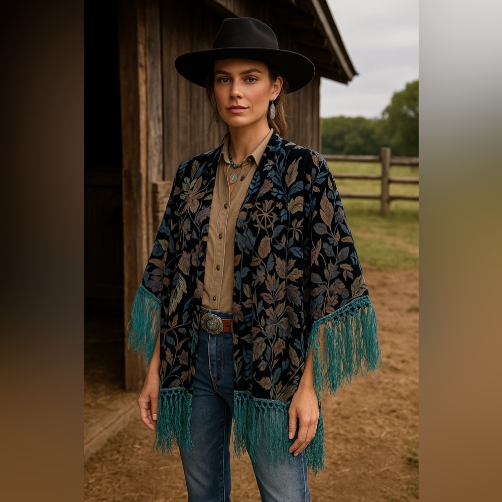 New! Double D Ranch Burnout Velvet Floral Kimono Cape Turquoise Fringe 🤠 Large - Picture 1 of 10